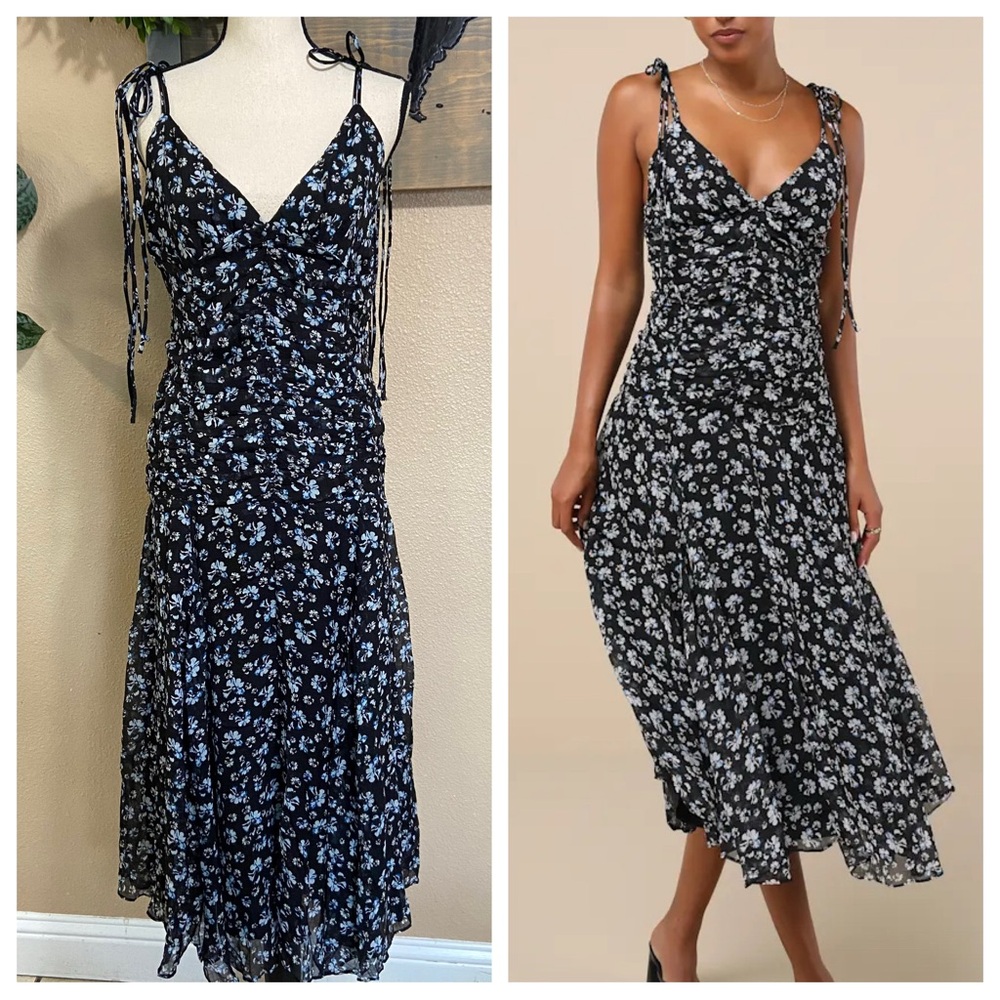 Floral Tie-Shoulder Midi Dress - Black with Light Blue Flowers